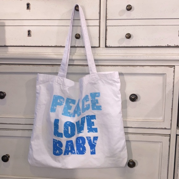 Amy Coe Peace Love Baby blue & white 15” x 14” shoulder handles carry tote bag - Picture 2 of 7